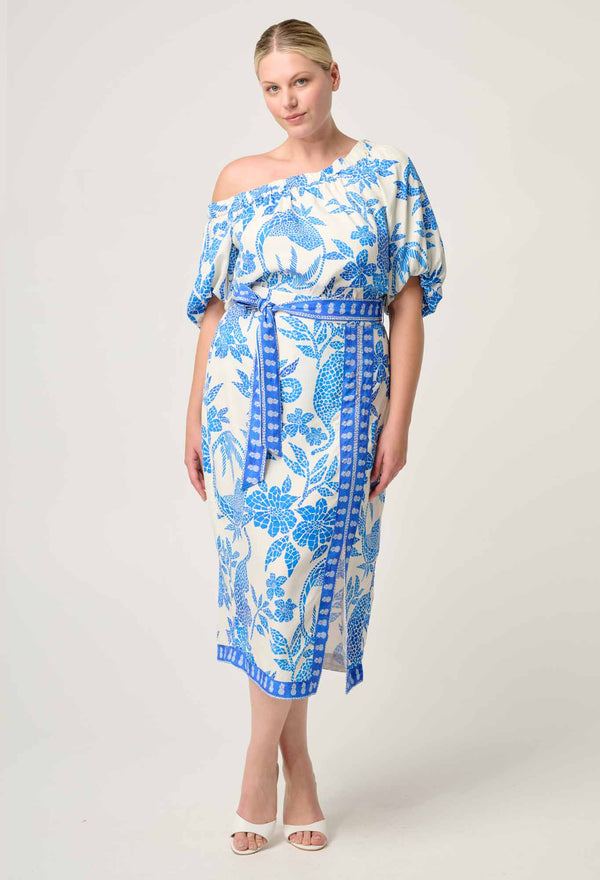 ZENOBIA CONTRAST TRIM VISCOSE DOBBY MIDI SKIRT in exclusive print, Azure Mosaic from Once Was