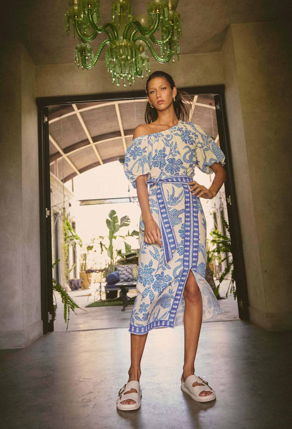 ZENOBIA CONTRAST TRIM VISCOSE DOBBY MIDI SKIRT in exclusive print, Azure Mosaic from Once Was