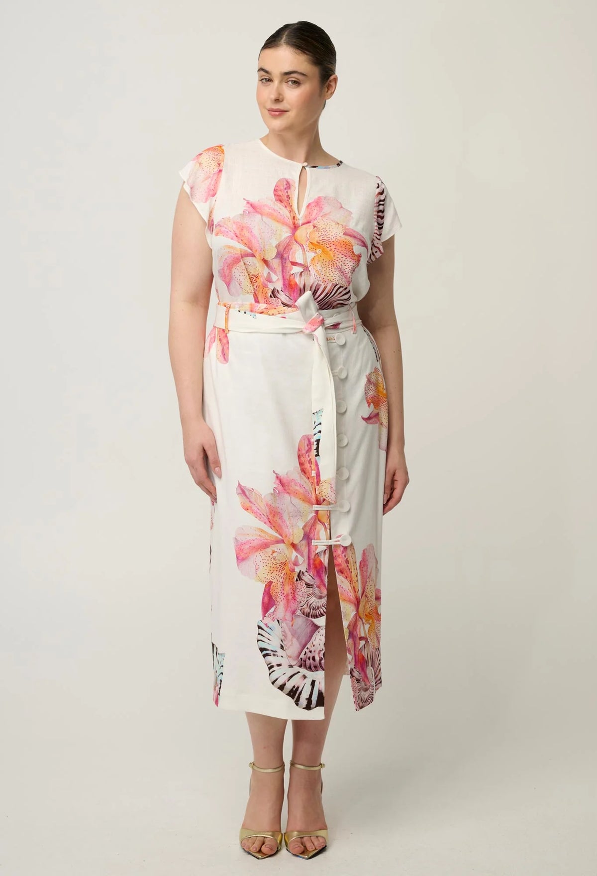 ADRIA STRETCH LINEN VISCOSE MIDI SKIRT in Nautilius Bloom from Oncewa
