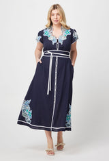 DELRAY EMBROIDERED LINEN VISCOSE DRESS in Lapis from Oncewas