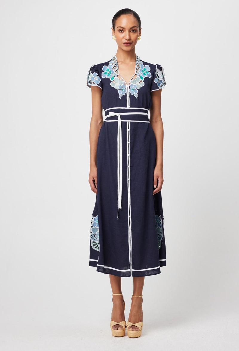 DELRAY EMBROIDERED LINEN VISCOSE DRESS in Lapis from Oncewas