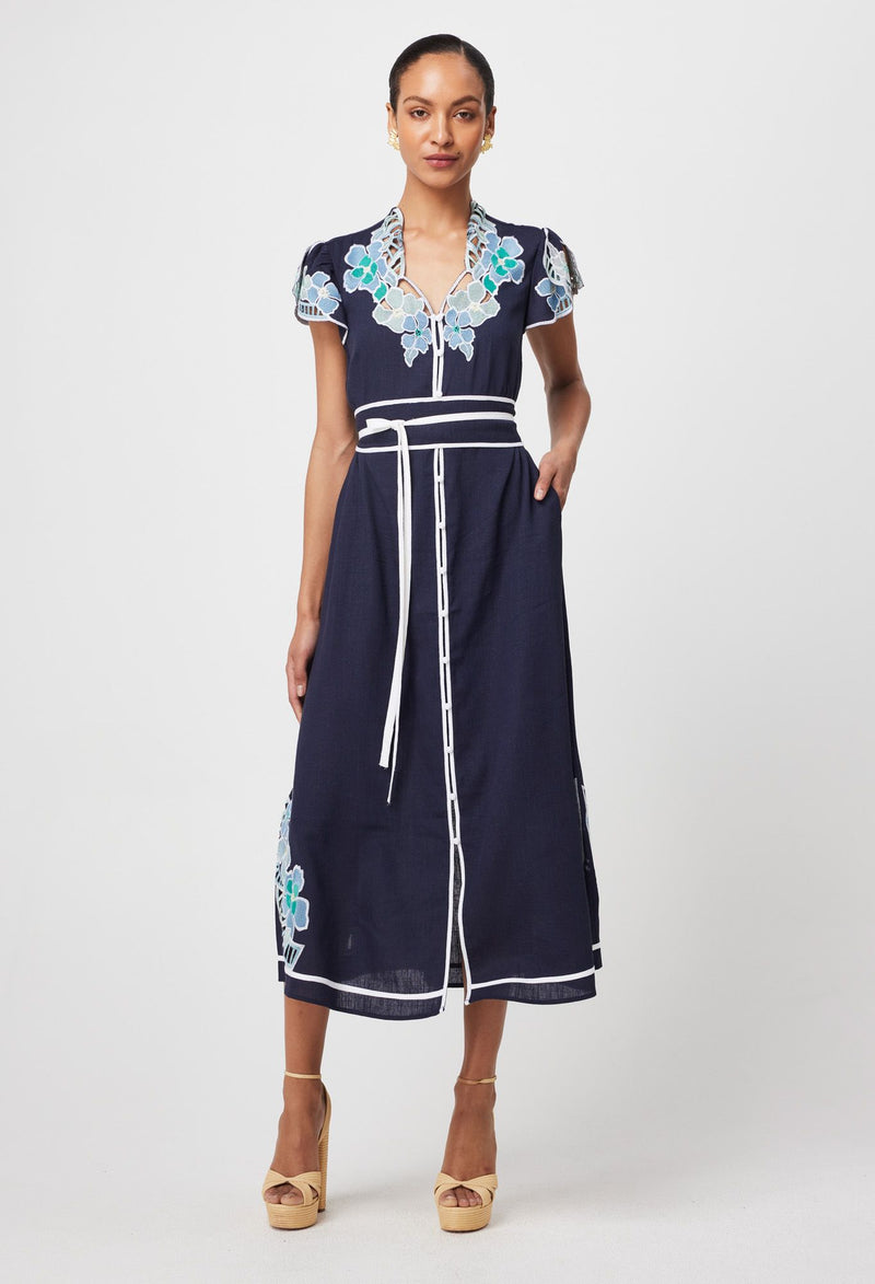 DELRAY EMBROIDERED LINEN VISCOSE DRESS in Lapis from Oncewas