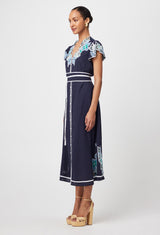 DELRAY EMBROIDERED LINEN VISCOSE DRESS in Lapis from Oncewas