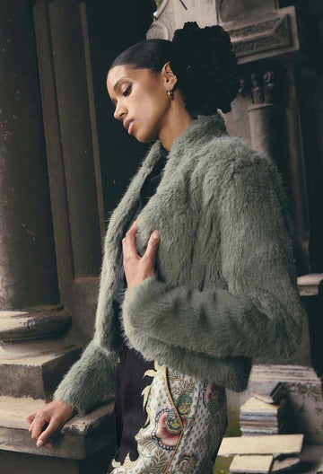 REINA FAUX FUR JACKET in Jade Mist from Oncewas
