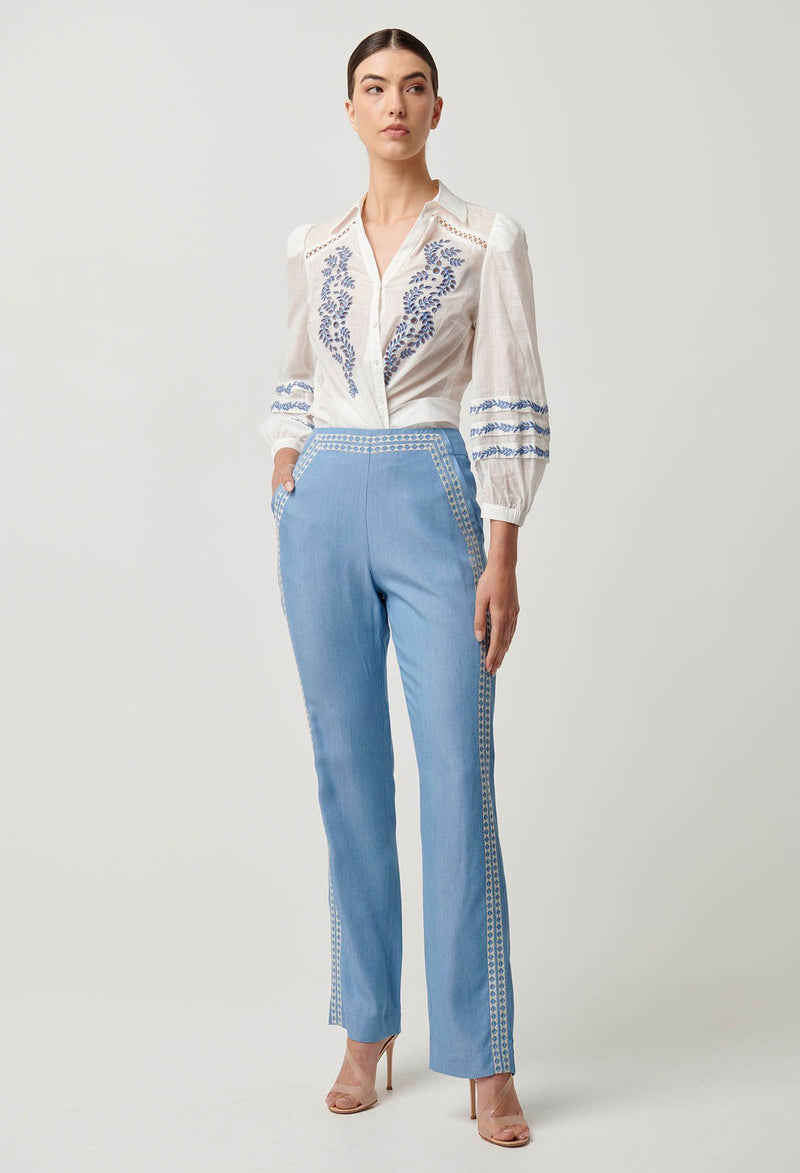 Oncewas Ophelia Tencel Embroidered Pant in cornflower