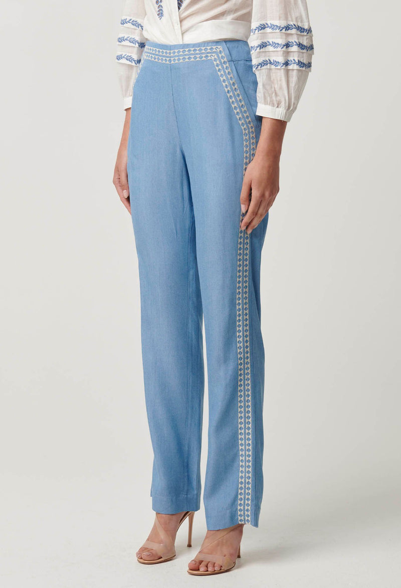 Oncewas Ophelia Tencel Embroidered Pant in cornflower