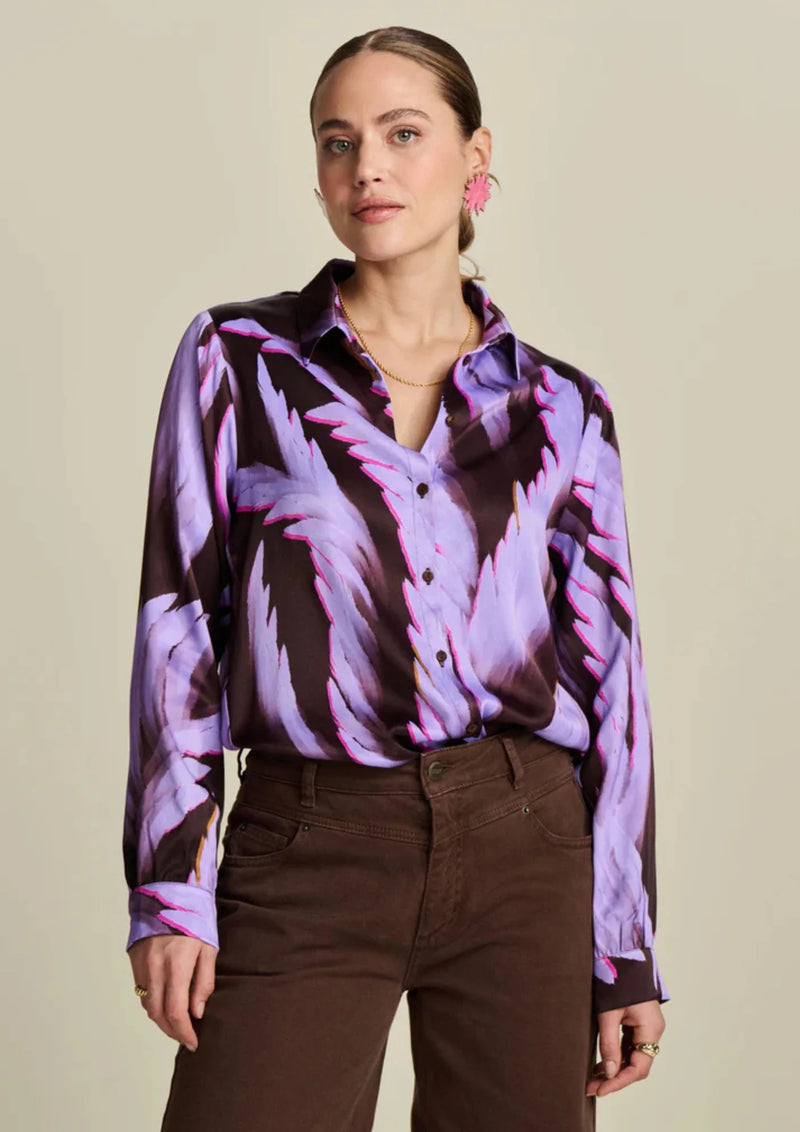 POM BLOUSE | Mila Satin Feathers Brown