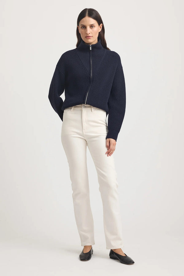 ZIP THROUGH RIB KNIT in French Navy by Toorallie
