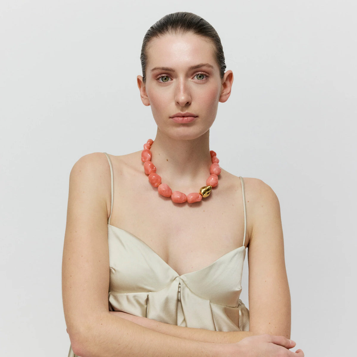 BIG ORGANIC PEARL NECKLACE WITH GOLD in Watermelon Marble by Vanessa Baroni