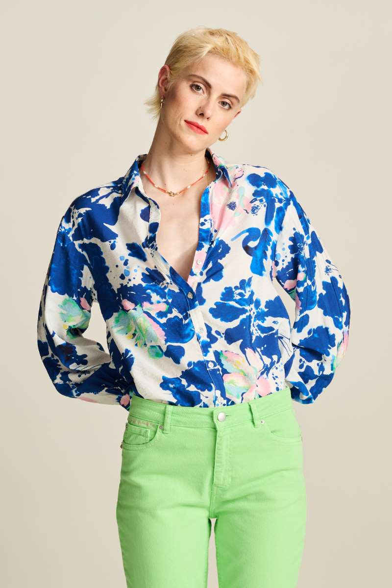 POM BLOUSE in Violet Crane Birds Blue from POM Amsterdam