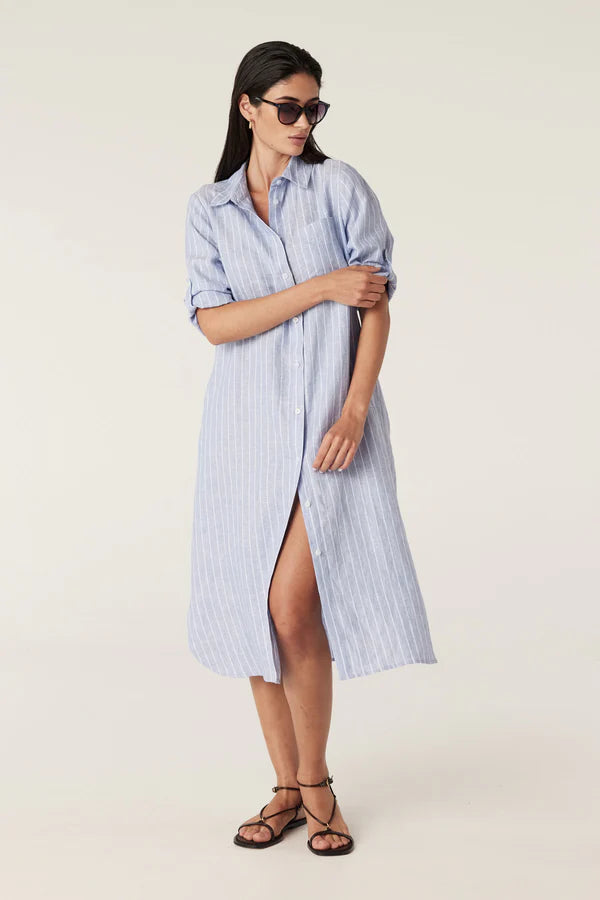 Pure Linen Shirt Dress in Blue Pinstripe by Cable Melbourne