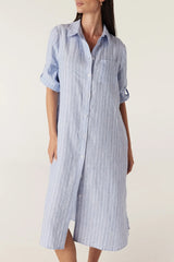 Pure Linen Shirt Dress in Blue Pinstripe by Cable Melbourne