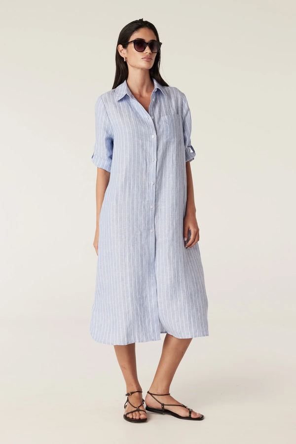 Pure Linen Shirt Dress in Blue Pinstripe by Cable Melbourne