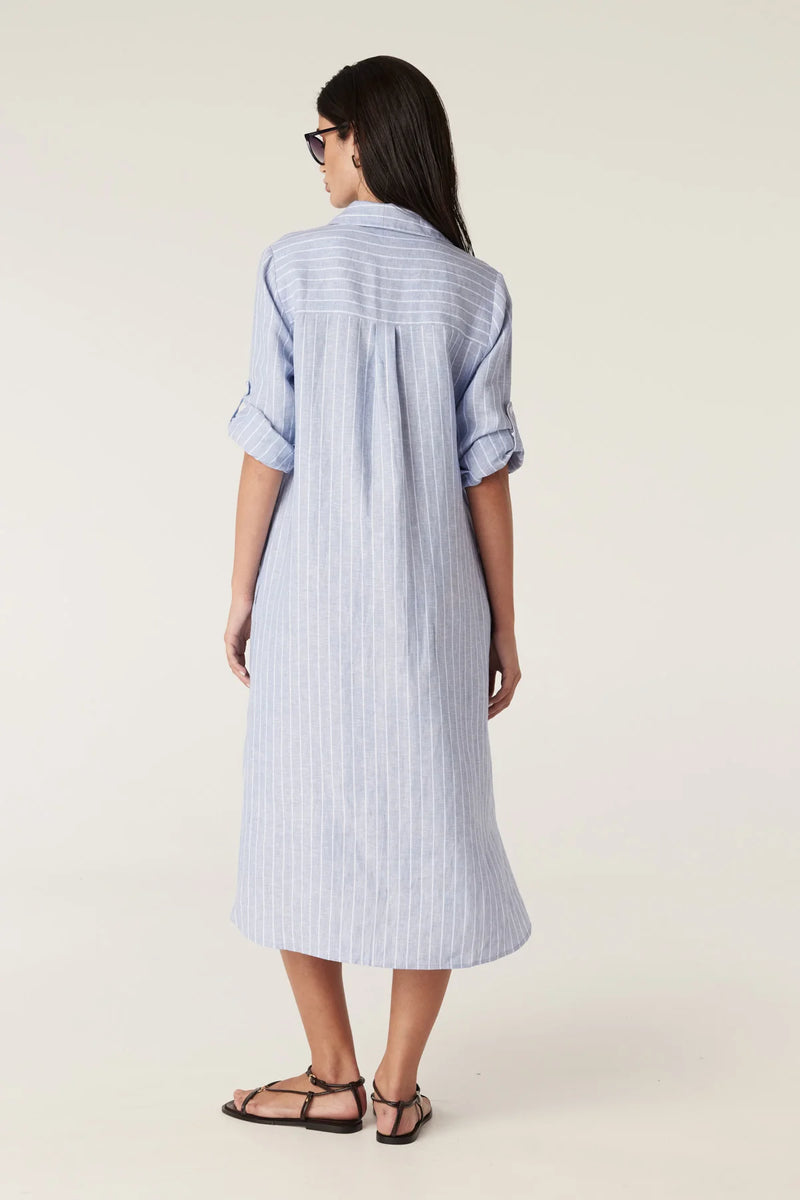 Pure Linen Shirt Dress in Blue Pinstripe by Cable Melbourne