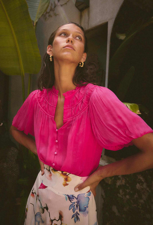 SELINI BRAIDED NECK CHIFFON BLOUSE in Celosia Pink from Once Was