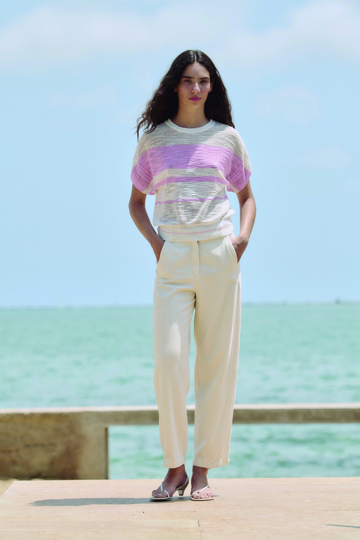 DROPPED SLEEVE STRIPED SWEATER in Pink + White by Sita Murt