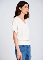 V NECK FINE KNIT SWEATER in Ecru by Sita Murt