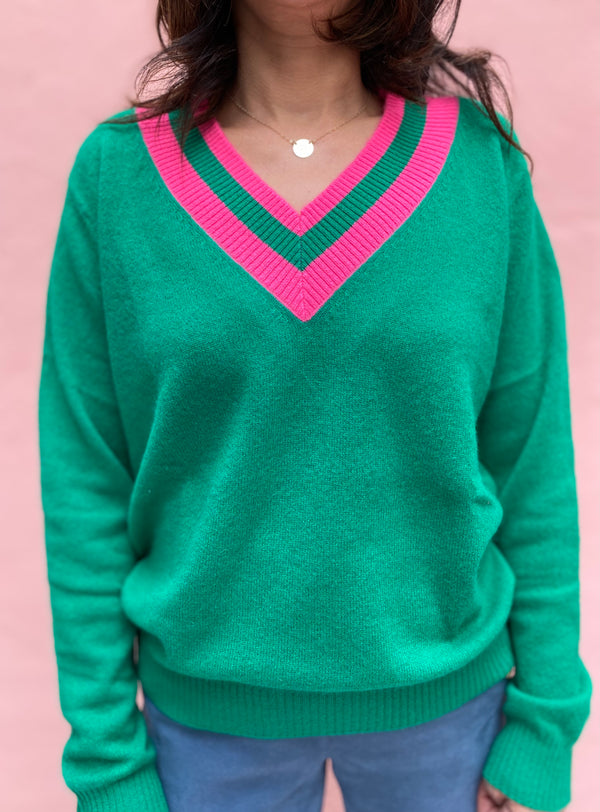 BAILEY V NECK SWEATER | Imperial  + Rose Fluo