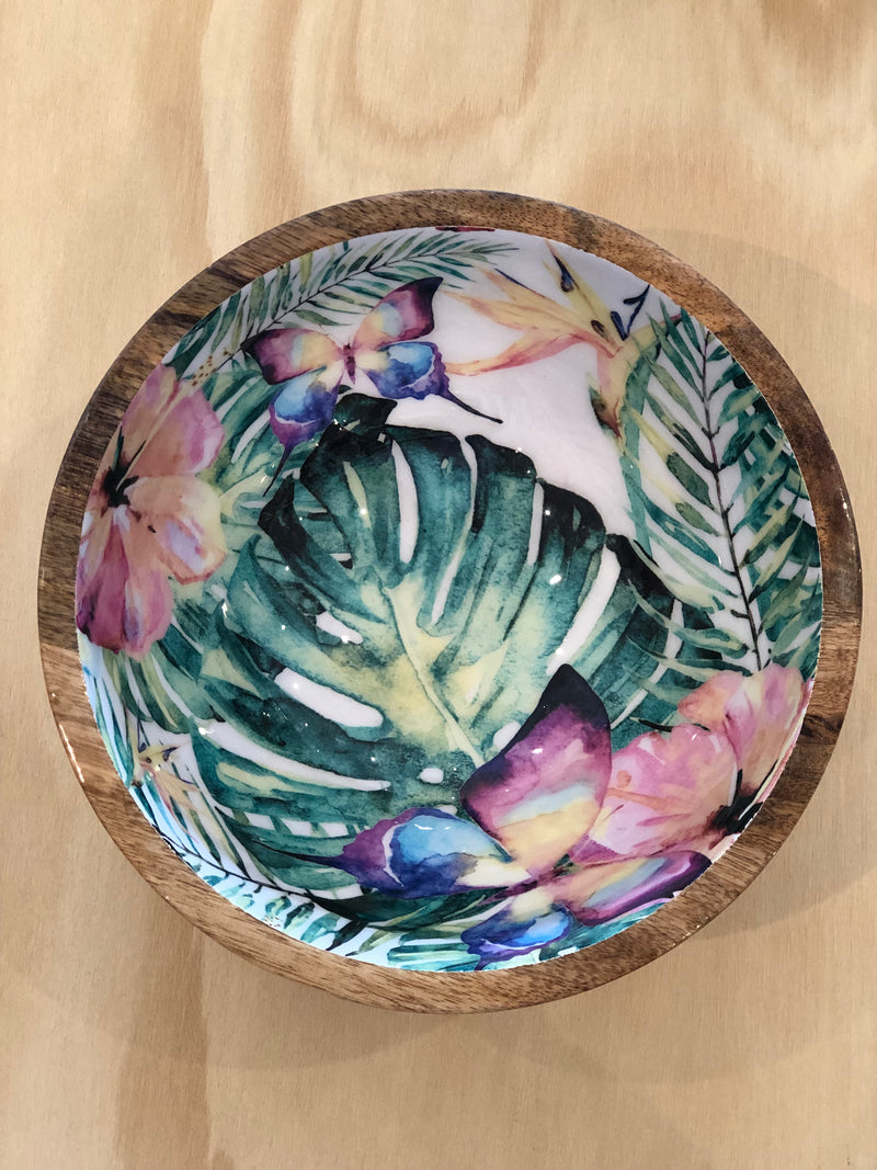 Status Collection Wooden and resin Salad Bowls floral botanical leaf design