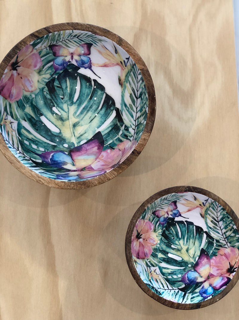 Status Collection Wooden and resin Salad Bowls floral botanical leaf design